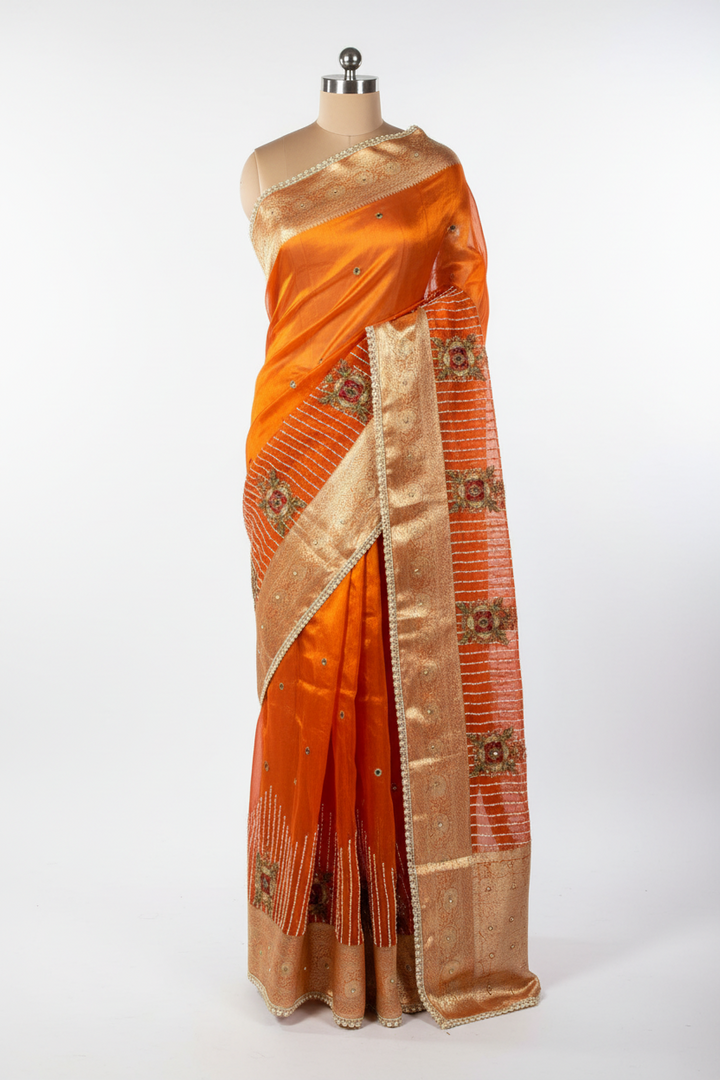 Metallic Orange Pure Tissue Silk Handwork Designer Saree