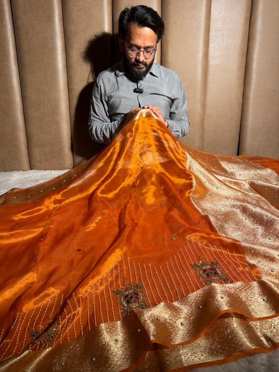 Metallic Orange Pure Tissue Silk Handwork Saree
