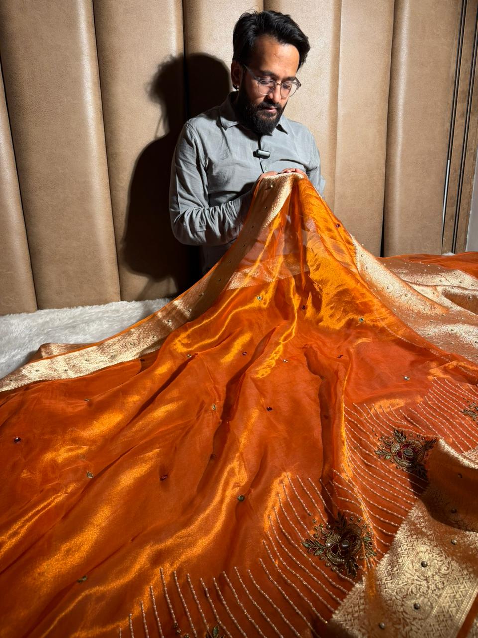 Metallic Orange Pure Tissue Silk Handwork Saree