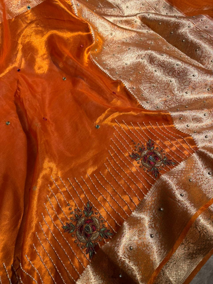 Metallic Orange Pure Tissue Silk Handwork Saree