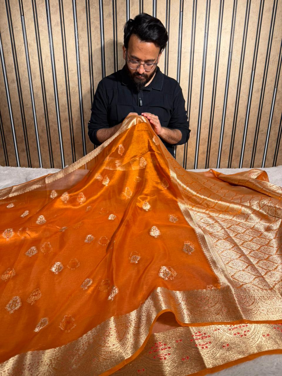 Metallic Orange Pure Tissue silk Meenakari Banarasi Saree