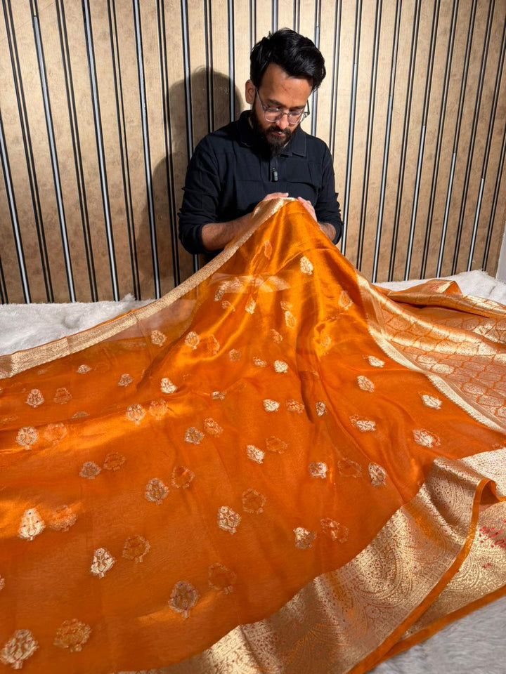 Metallic Orange Pure Tissue silk Meenakari Banarasi Saree
