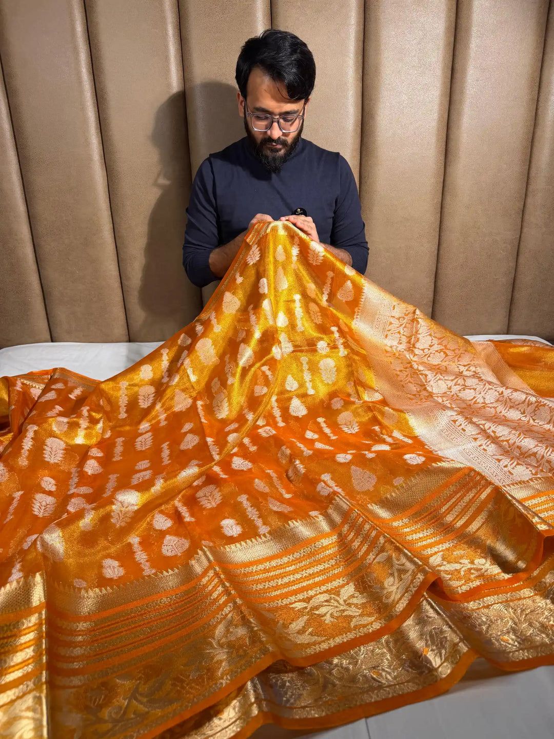 Metallic Orange Soft Tissue Silk Traditional Banarasi Saree