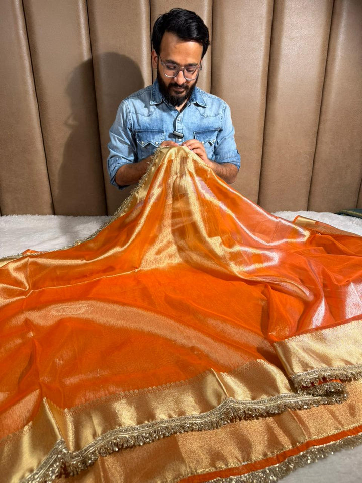 Metallic Orange Tissue Silk Designer Heavy Lace Banarasi Saree