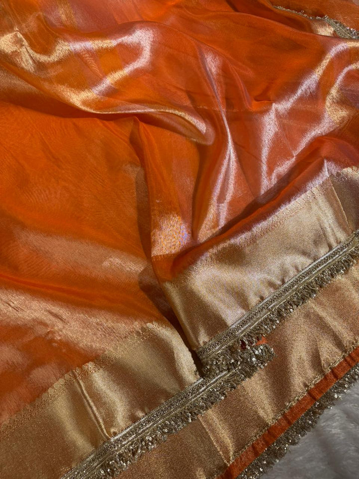 Metallic Orange Tissue Silk Designer Heavy Lace Banarasi Saree