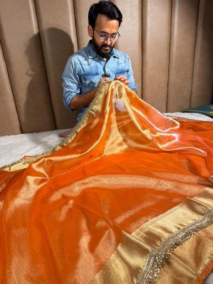 Metallic Orange Tissue Silk Designer Heavy Lace Banarasi Saree