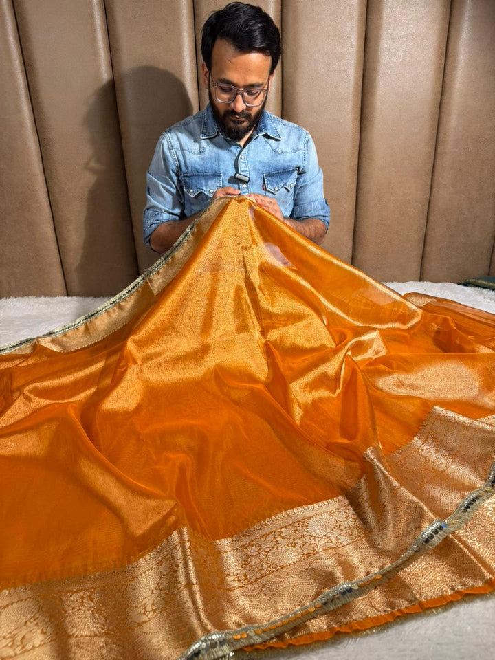 Metallic Orange Tissue Silk Designer Lace Attached Banarasi Saree