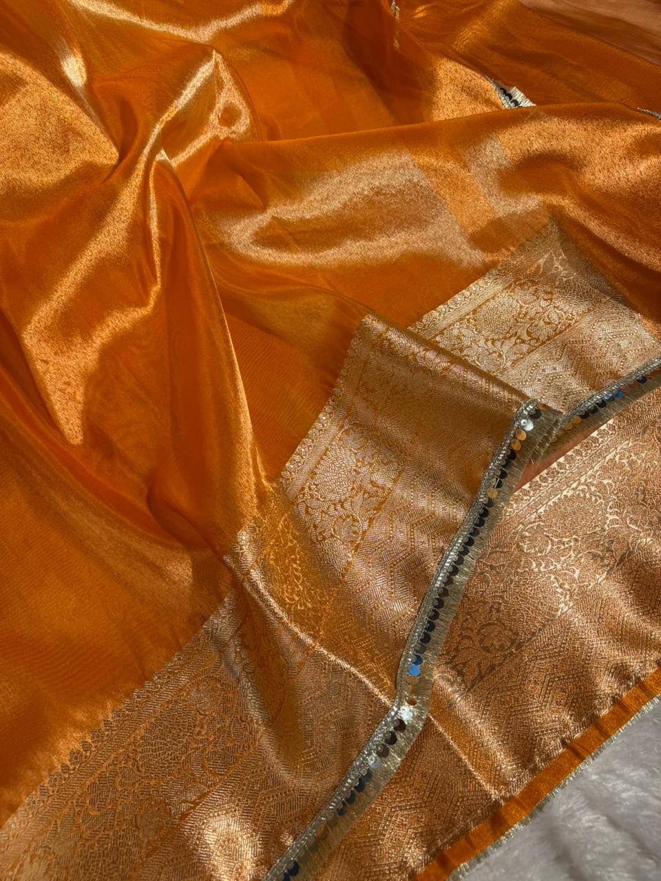 Metallic Orange Tissue Silk Designer Lace Attached Banarasi Saree