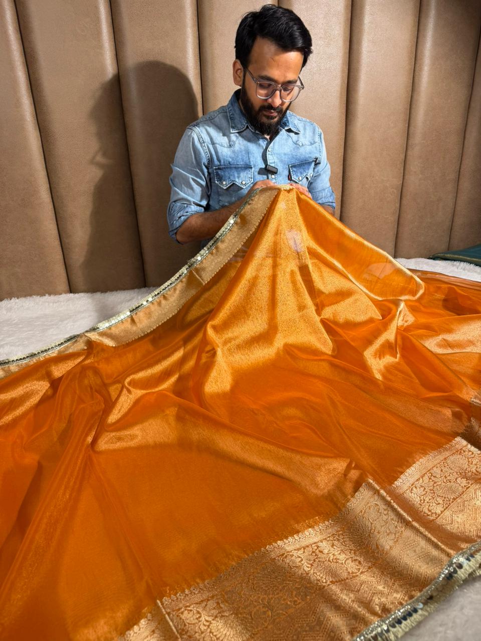 Metallic Orange Tissue Silk Designer Lace Attached Banarasi Saree