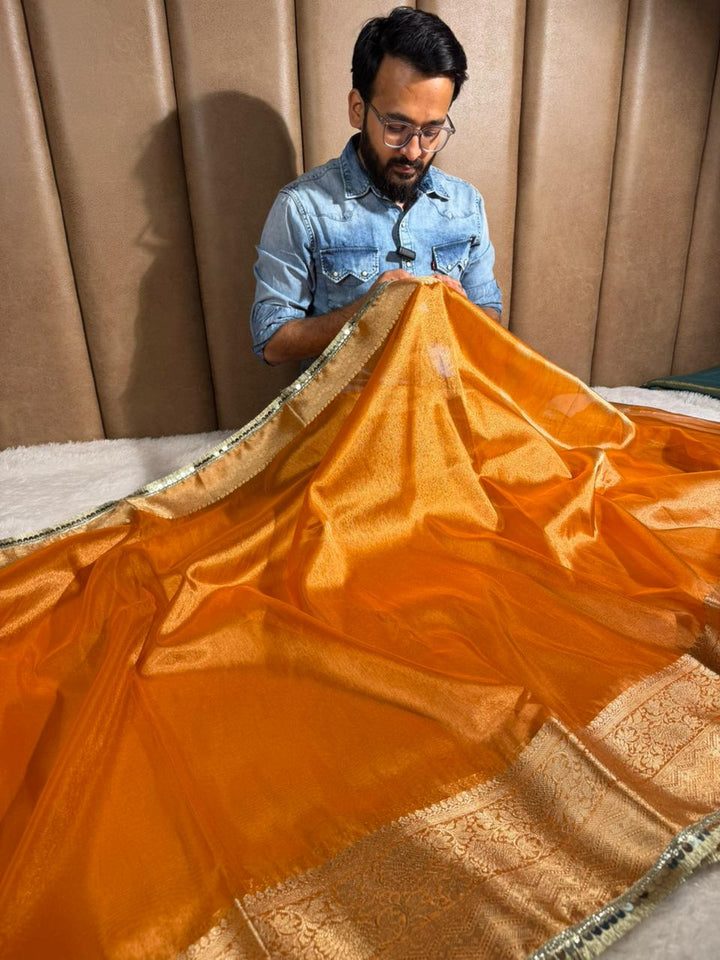 Metallic Orange Tissue Silk Designer Lace Attached Banarasi Saree