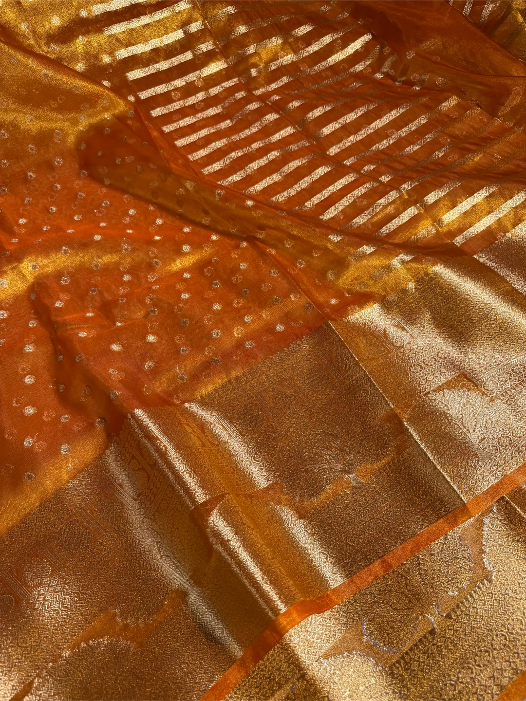 Metallic Orange Tissue Silk Eccentric Traditional Weave Banarasi Saree
