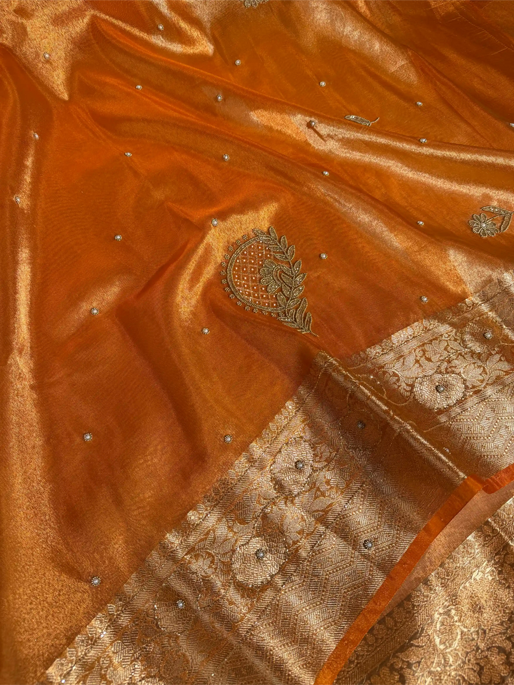 Metallic Orange Tissue Silk Premium Handwork Banarasi Saree
