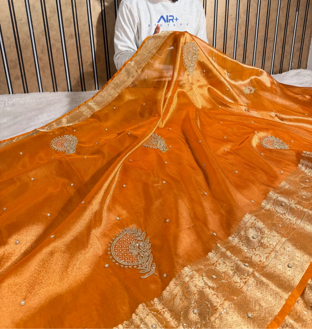 Metallic Orange Tissue Silk Premium Handwork Banarasi Saree
