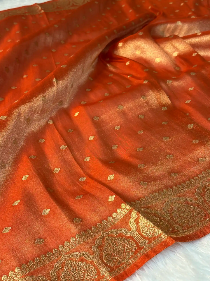 Metallic Orange Tissue Silk Traditional Buta Banarasi Saree