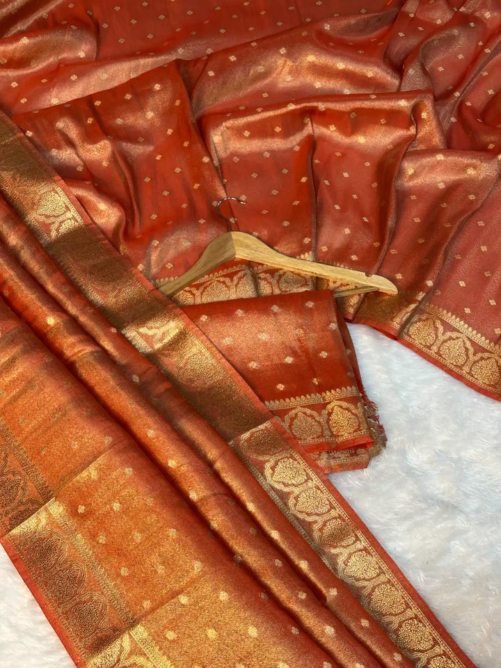 Metallic Orange Tissue Silk Traditional Buta Banarasi Saree