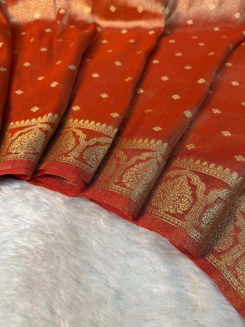 Metallic Orange Tissue Silk Traditional Buta Banarasi Saree
