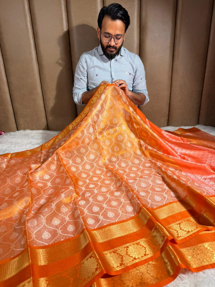 Metallic Orange Traditional Softsilk Banarasi Saree