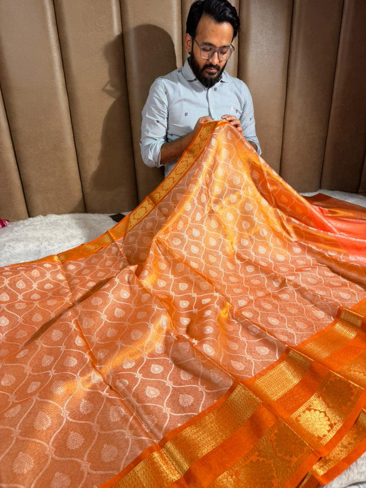 Metallic Orange Traditional Softsilk Banarasi Saree