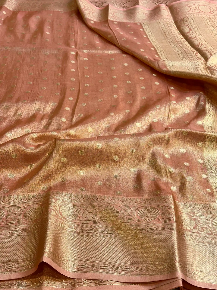 Metallic Peach Breathable Soft Tissue Silk Banarasi Saree