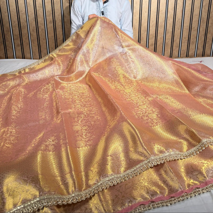 Metallic Peach Glass Tissue Silk Designer Banarasi Saree