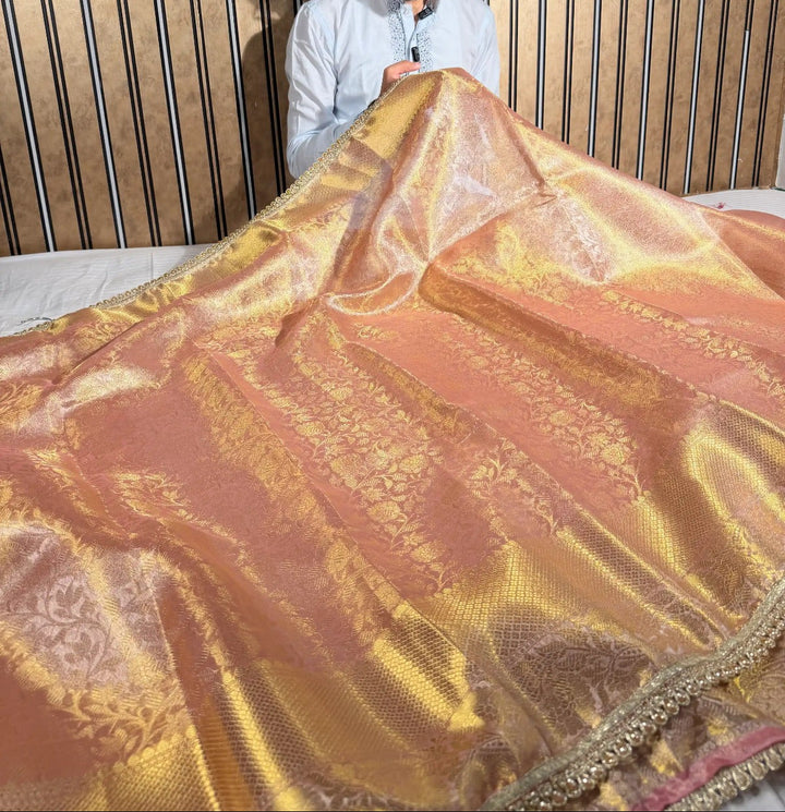 Metallic Peach Glass Tissue Silk Designer Banarasi Saree