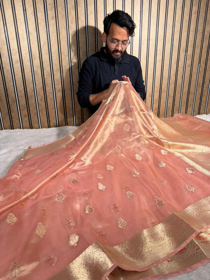Metallic Peach Pure Tissue silk Meenakari Banarasi Saree