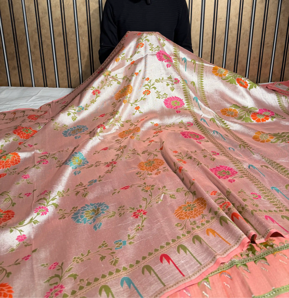 Metallic Peach Pure Tussar Georgette Handwoven Masterpiece Banarasi Saree
