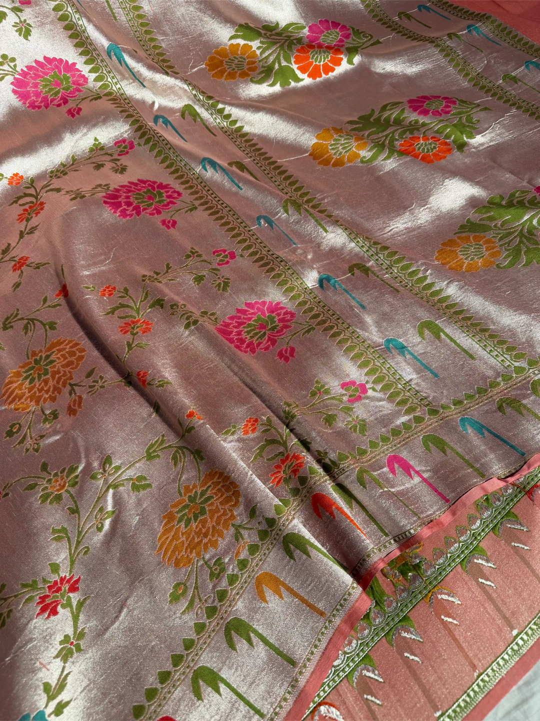 Metallic Peach Pure Tussar Georgette Handwoven Masterpiece Banarasi Saree