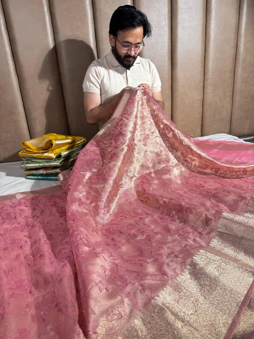 Metallic Pink Banarasi Tissue Chikankari Saree with Rich Pallu & Blouse