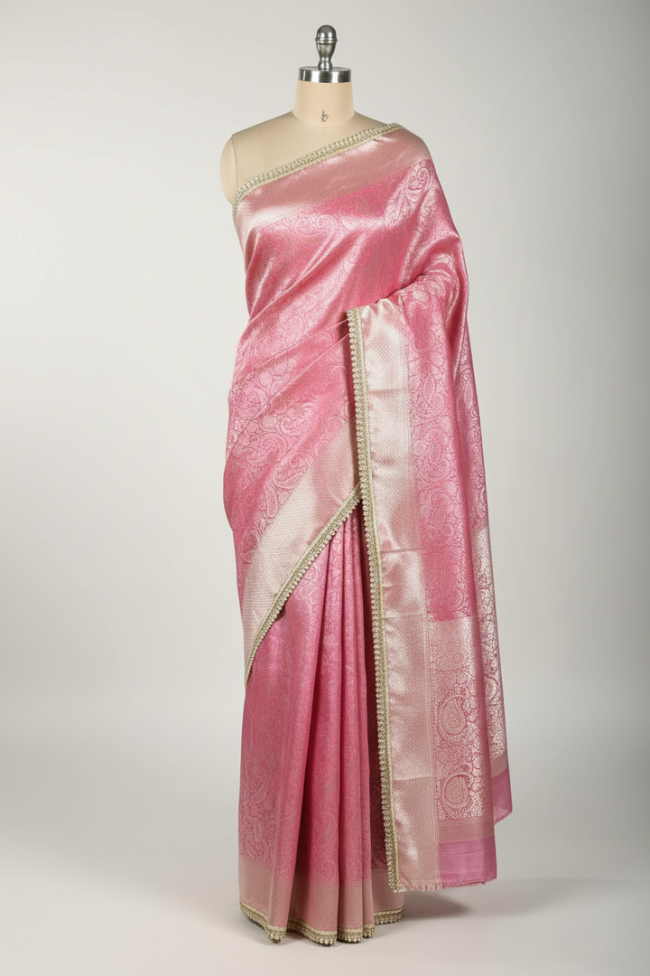 Metallic Pink Nita Ambani Mam inspired tissue silk saree with heavy jarkan lace work