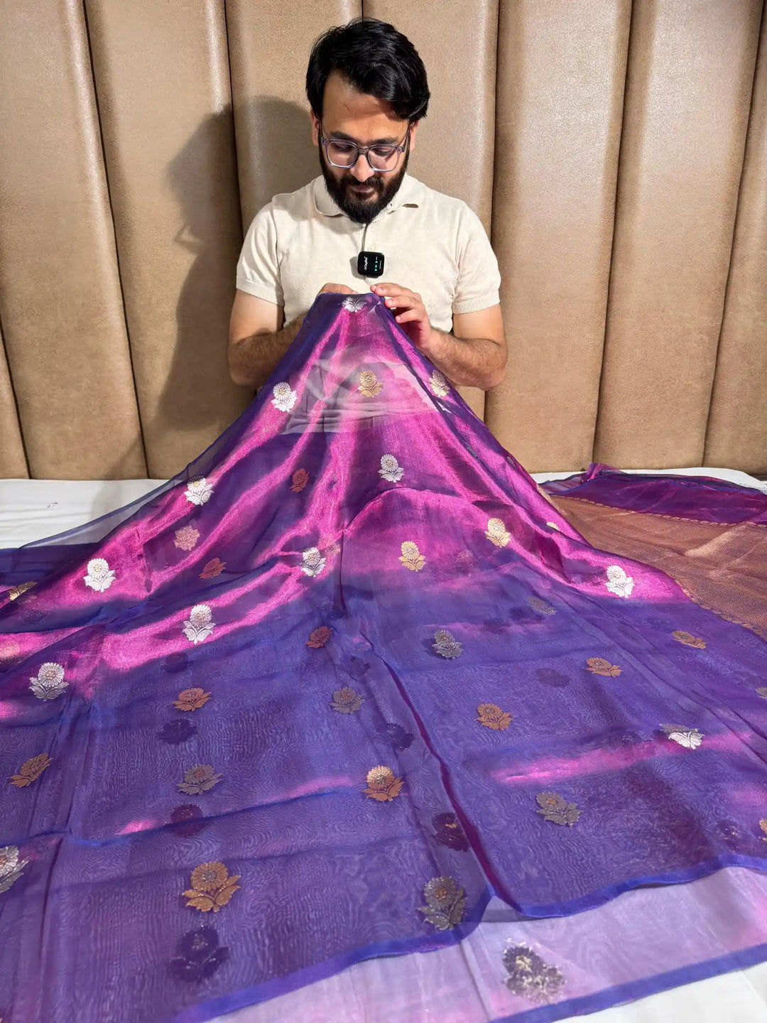 Metallic Purple 100% Pure tissue silk handweaved saree with rich pallu and blouse