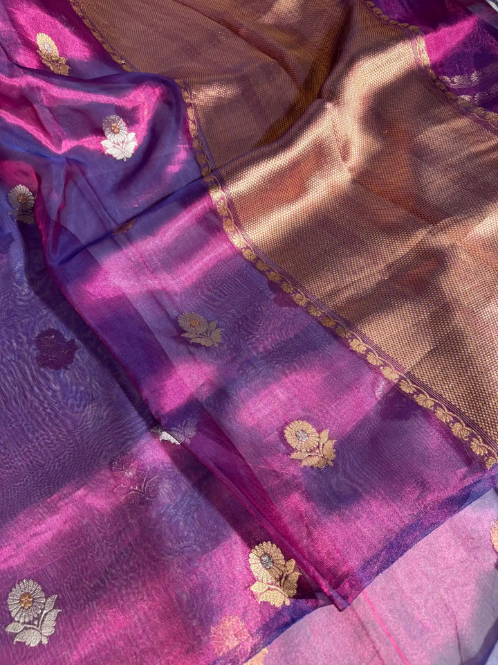 Metallic Purple 100% Pure tissue silk handweaved saree with rich pallu and blouse