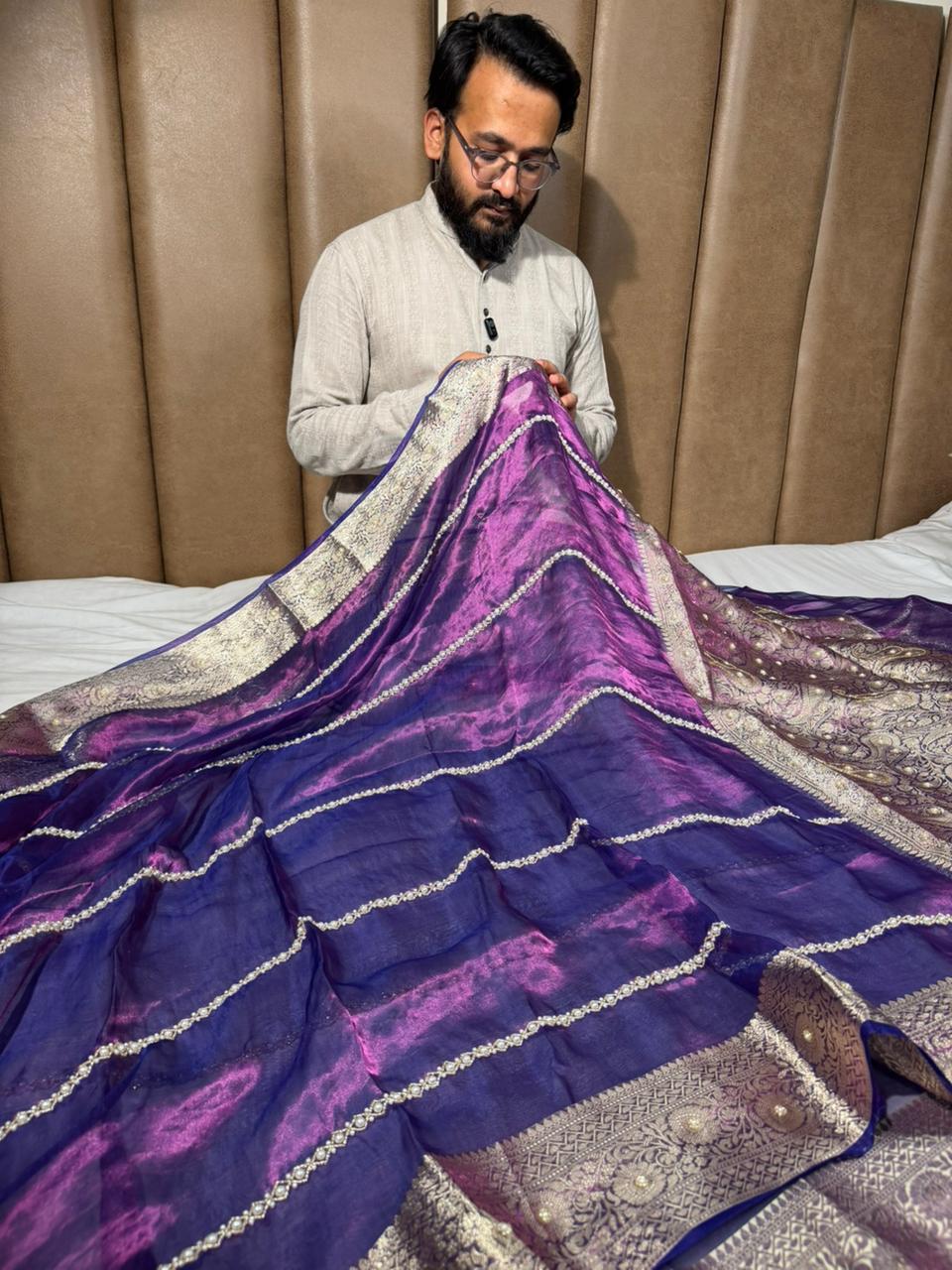 Metallic Purple Pure Tissue Silk Moti Handwork Saree