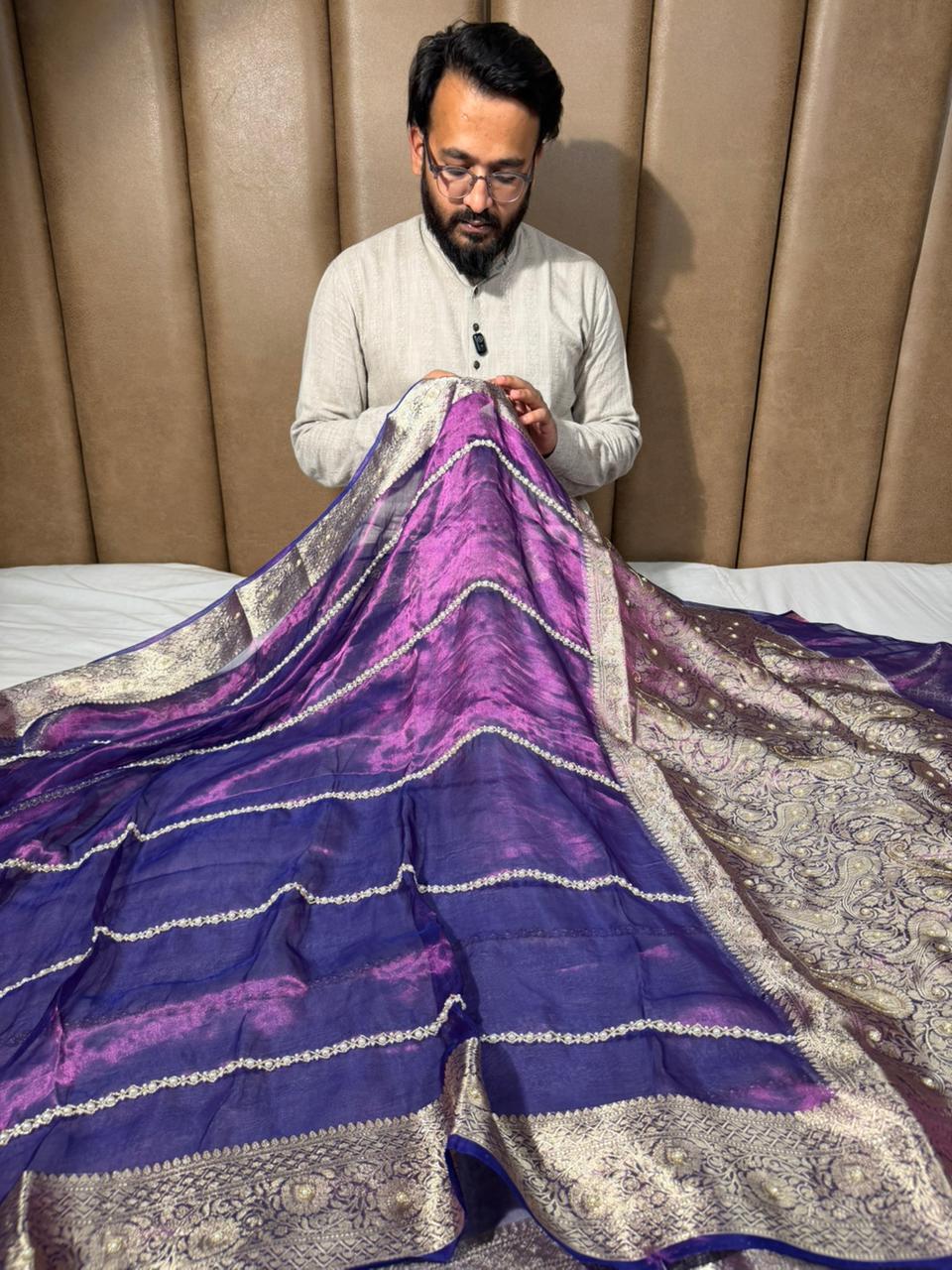 Metallic Purple Pure Tissue Silk Moti Handwork Saree