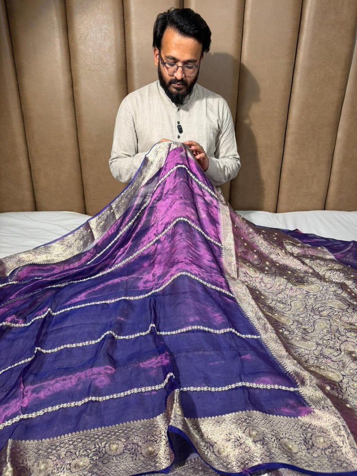 Metallic Purple Pure Tissue Silk Moti Handwork Saree