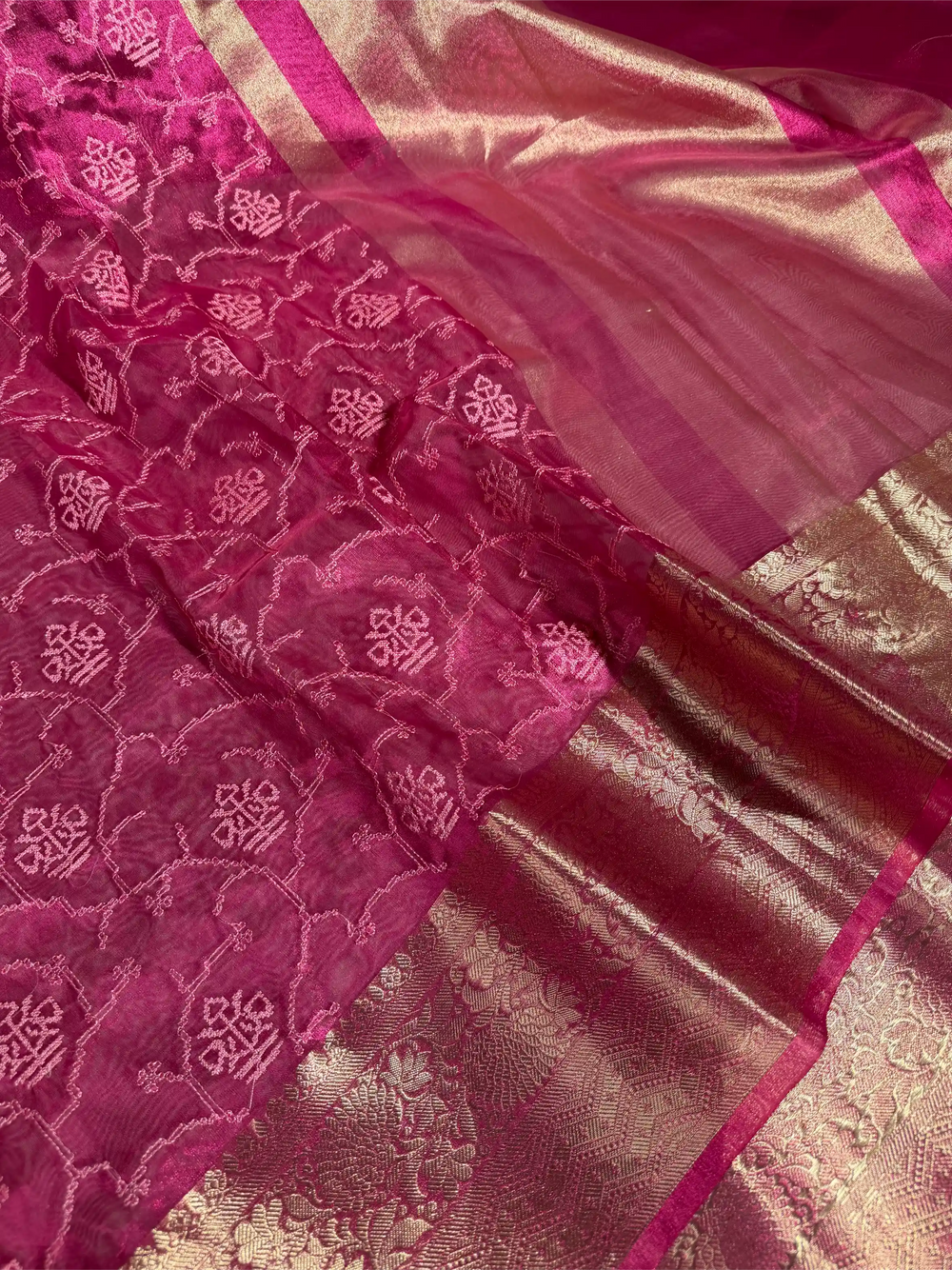 Metallic Rani Kora Tissue Chikankari Embroidered Banarasi Saree