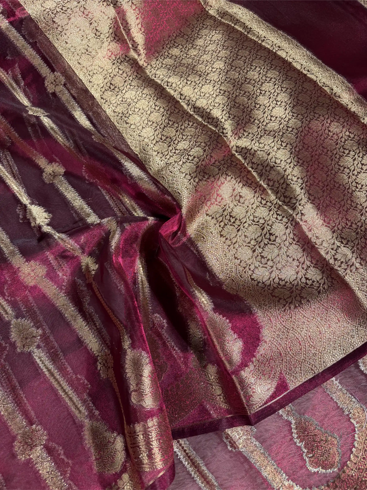 Metallic Rani Pink Kora Tissue Silk Contemporary Weave Banarasi Saree