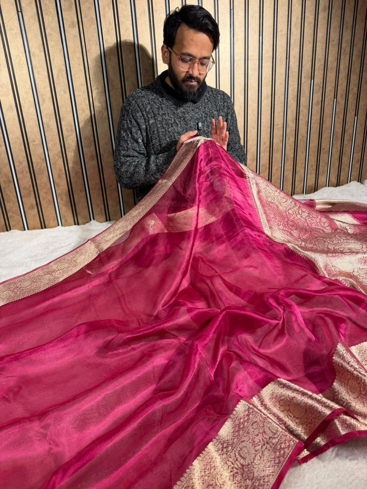 Metallic Rani Pink Pure Tissue Silk Banarasi Saree