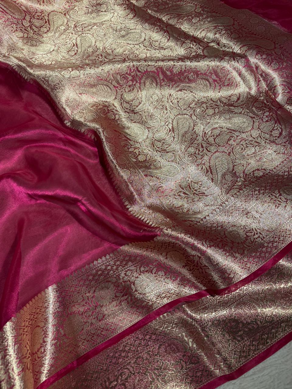 Metallic Rani Pink Pure Tissue Silk Banarasi Saree
