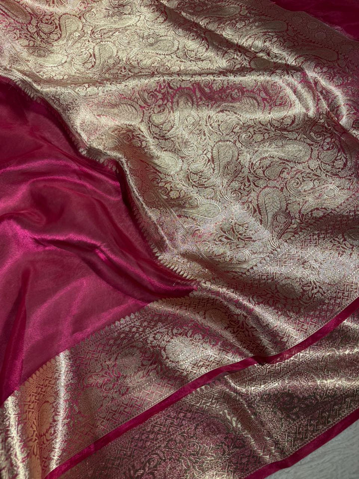 Metallic Rani Pink Pure Tissue Silk Banarasi Saree