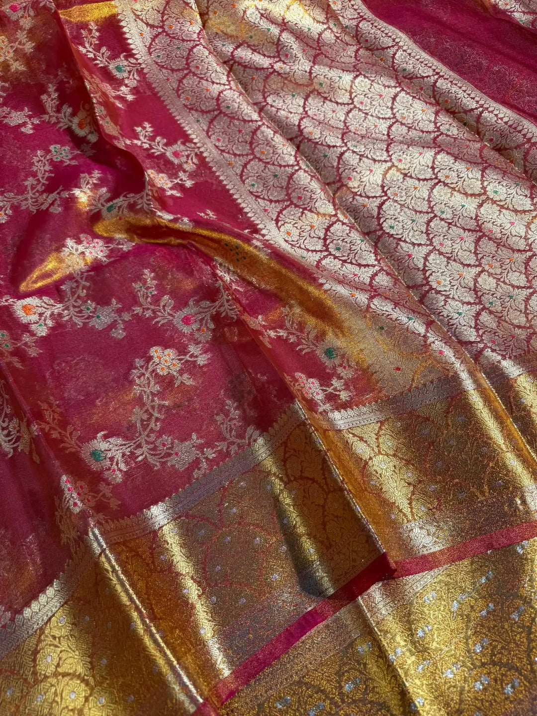 Metallic Rani Pink Tissue Silk Heritage Intricate Meena Weave Banarasi Saree