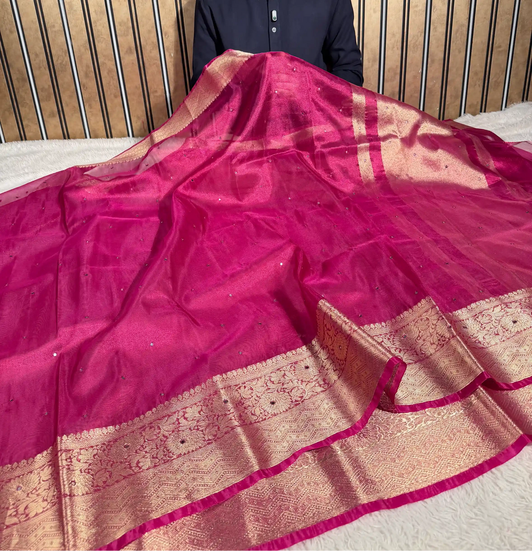 Metallic Rani Pink Tissue Silk Mirror Work Banarasi Saree