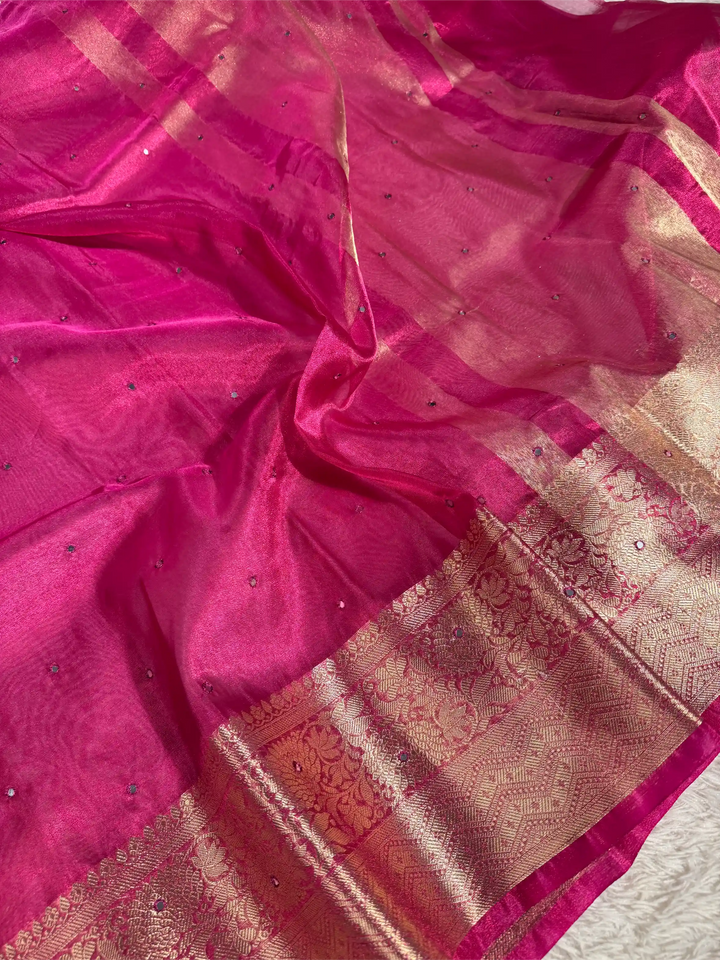 Metallic Rani Pink Tissue Silk Mirror Work Banarasi Saree