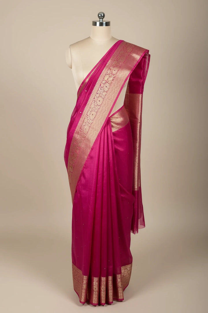 Metallic Rani Pink Tissue Silk Mirror Work Banarasi Saree