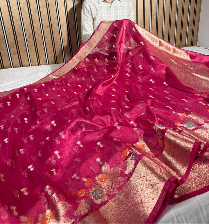 Metallic Rani Soft Tissue Silk Meenakari Banarasi Saree