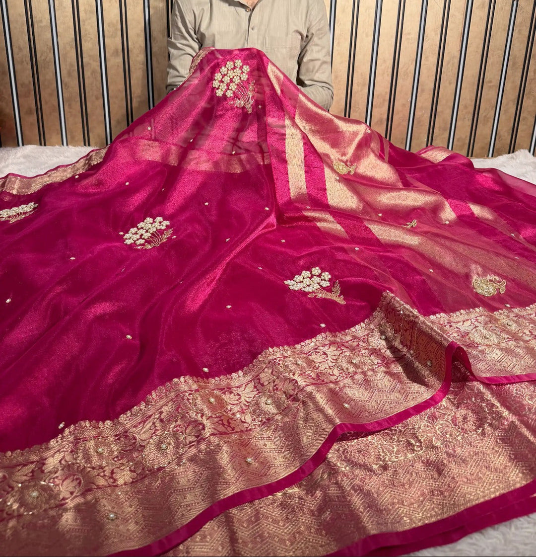 Metallic Rani premium handwork Kora tissue Banarasi Saree 
