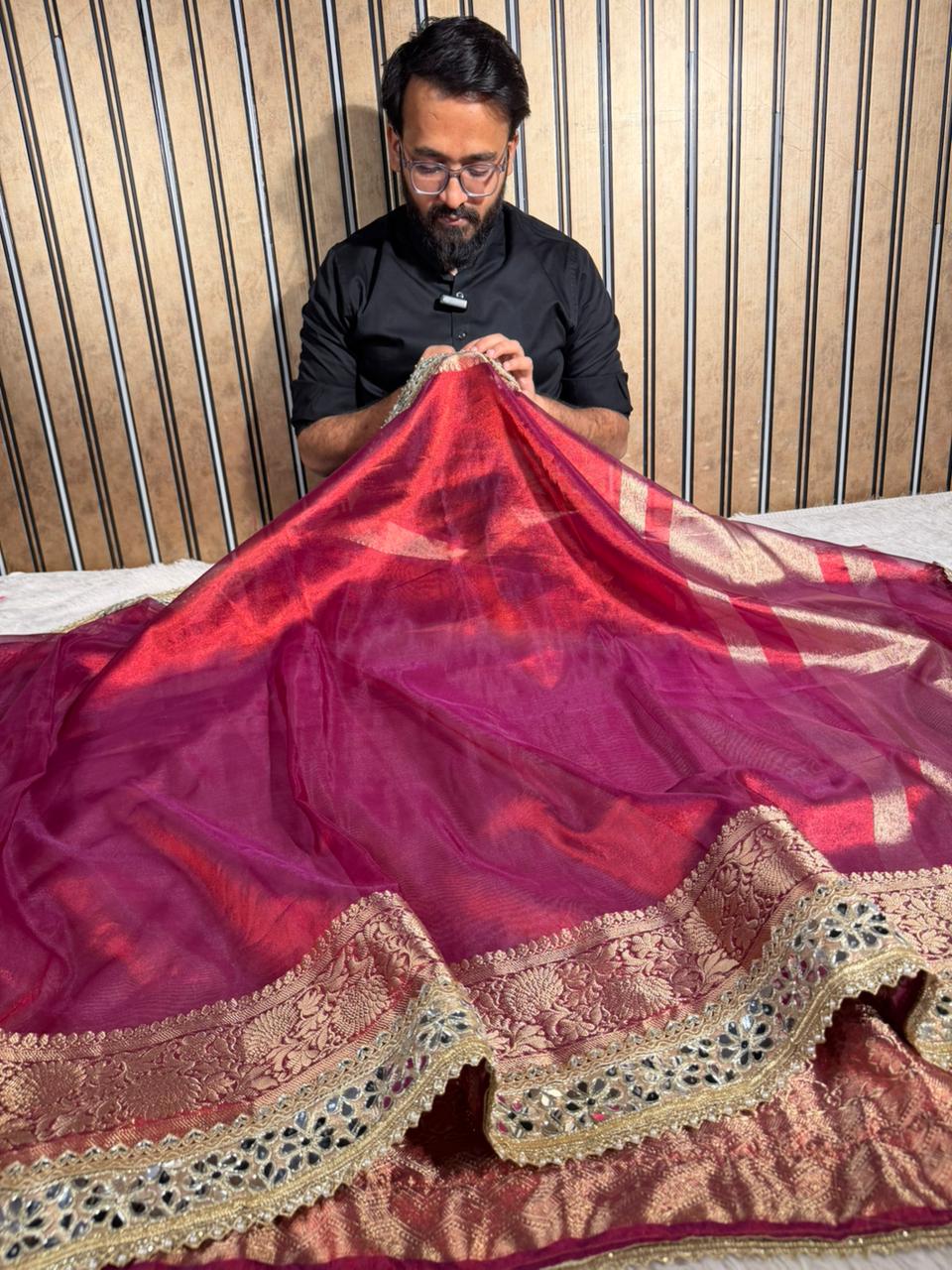 Metallic Red Bridal Tissue Silk Mirror Work Banarasi Saree