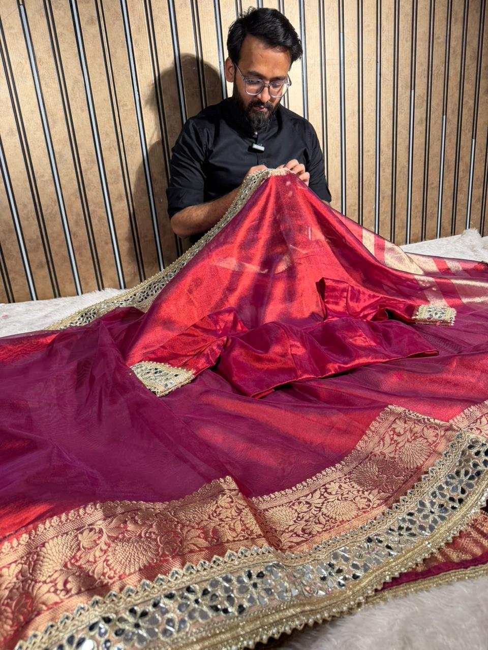 Metallic Red Bridal Tissue Silk Mirror Work Banarasi Saree