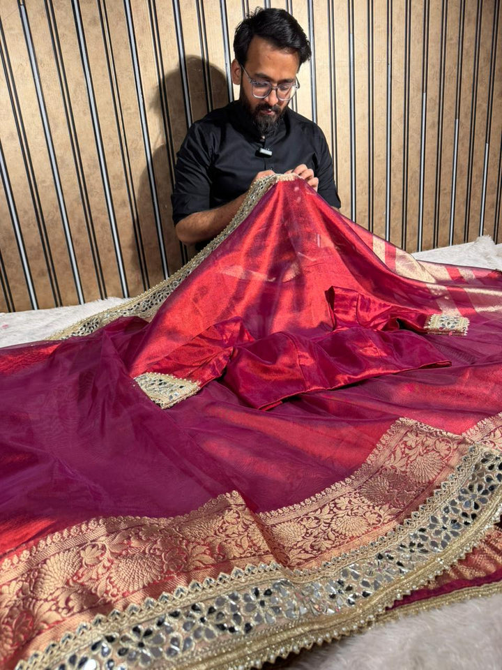 Metallic Red Bridal Tissue Silk Mirror Work Banarasi Saree