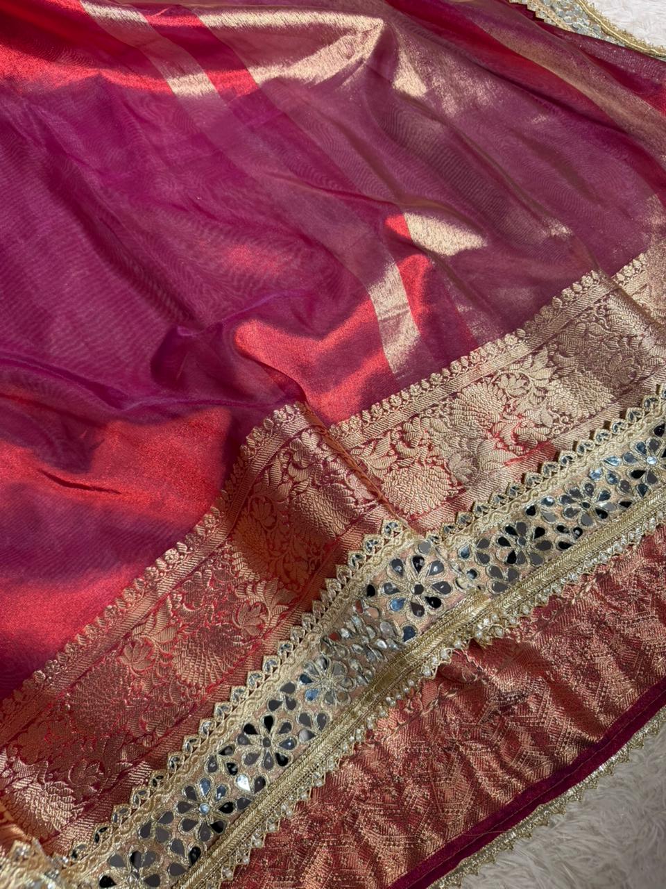 Metallic Red Bridal Tissue Silk Mirror Work Banarasi Saree